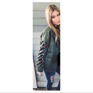 Olive Green Utility/Cargo Jacket With Flowers